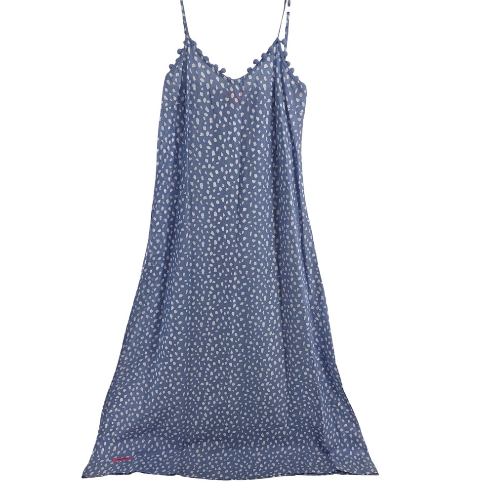 Medium Blue White Speckled Maxi‎ Dress Pom Pom Trim Spaghetti Strap Cotton